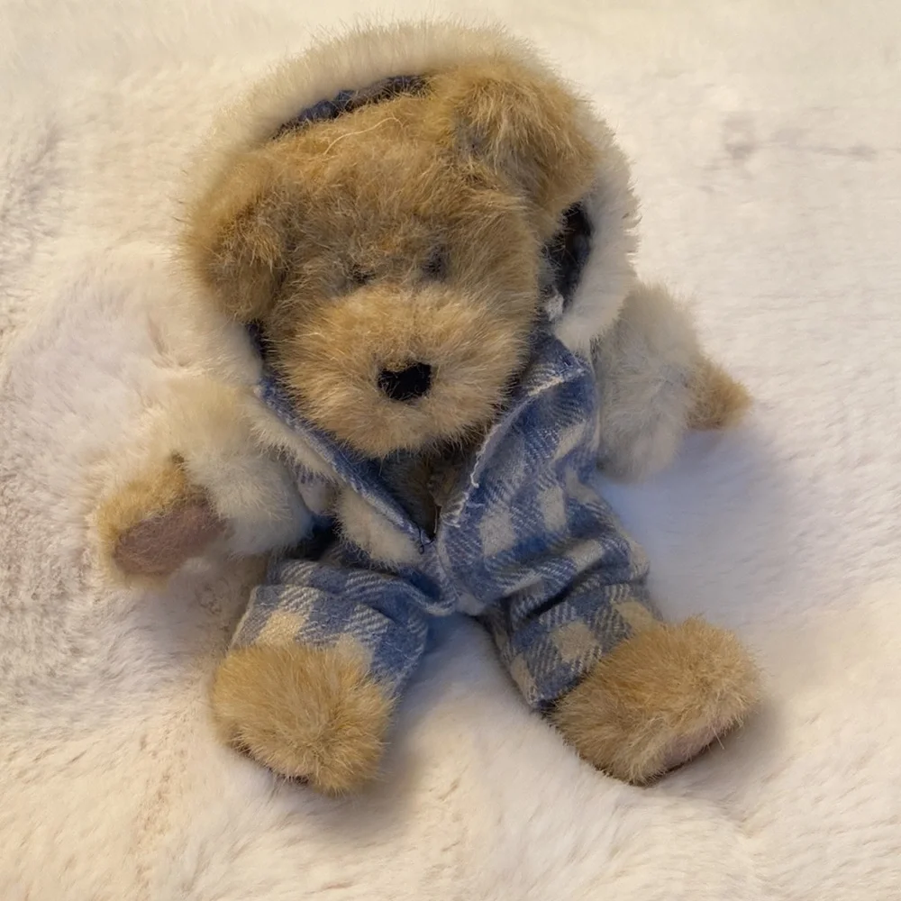 Boyds Bear Plush Jointed Lgt. Brown Fur Trim Hooded Checked Snowsuit #13644(CN)